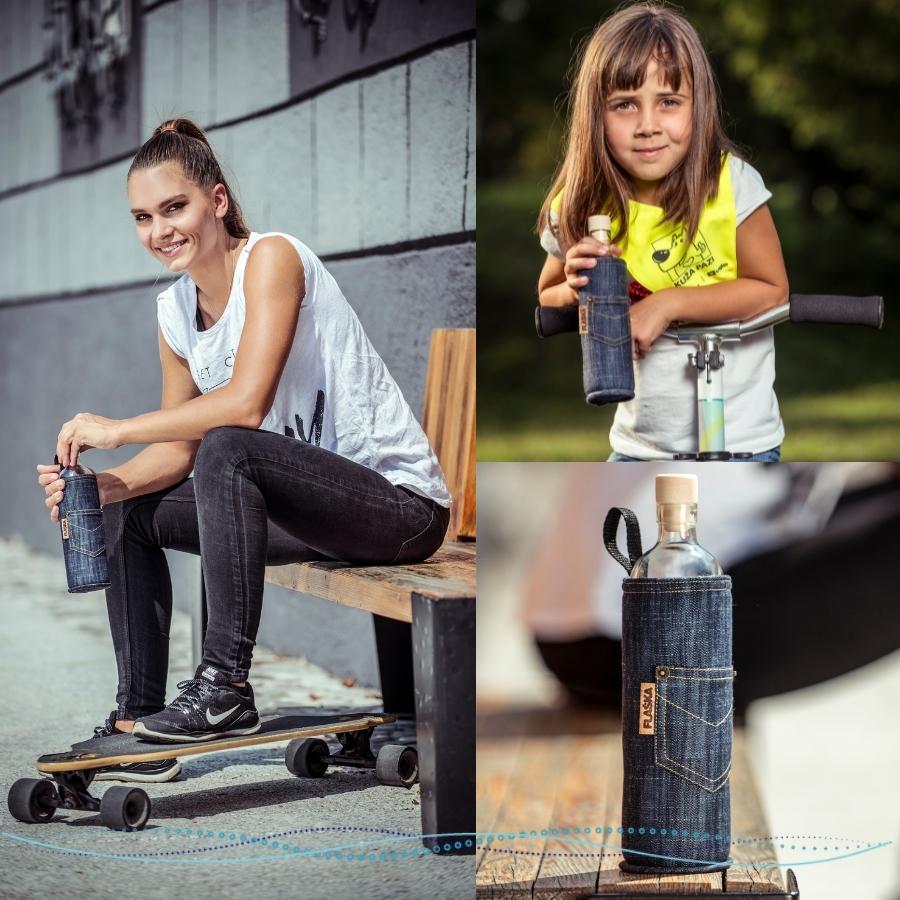 chica skater sentada en banco con botella flaska en la mano y niña a su lado con botella flaska vaquera