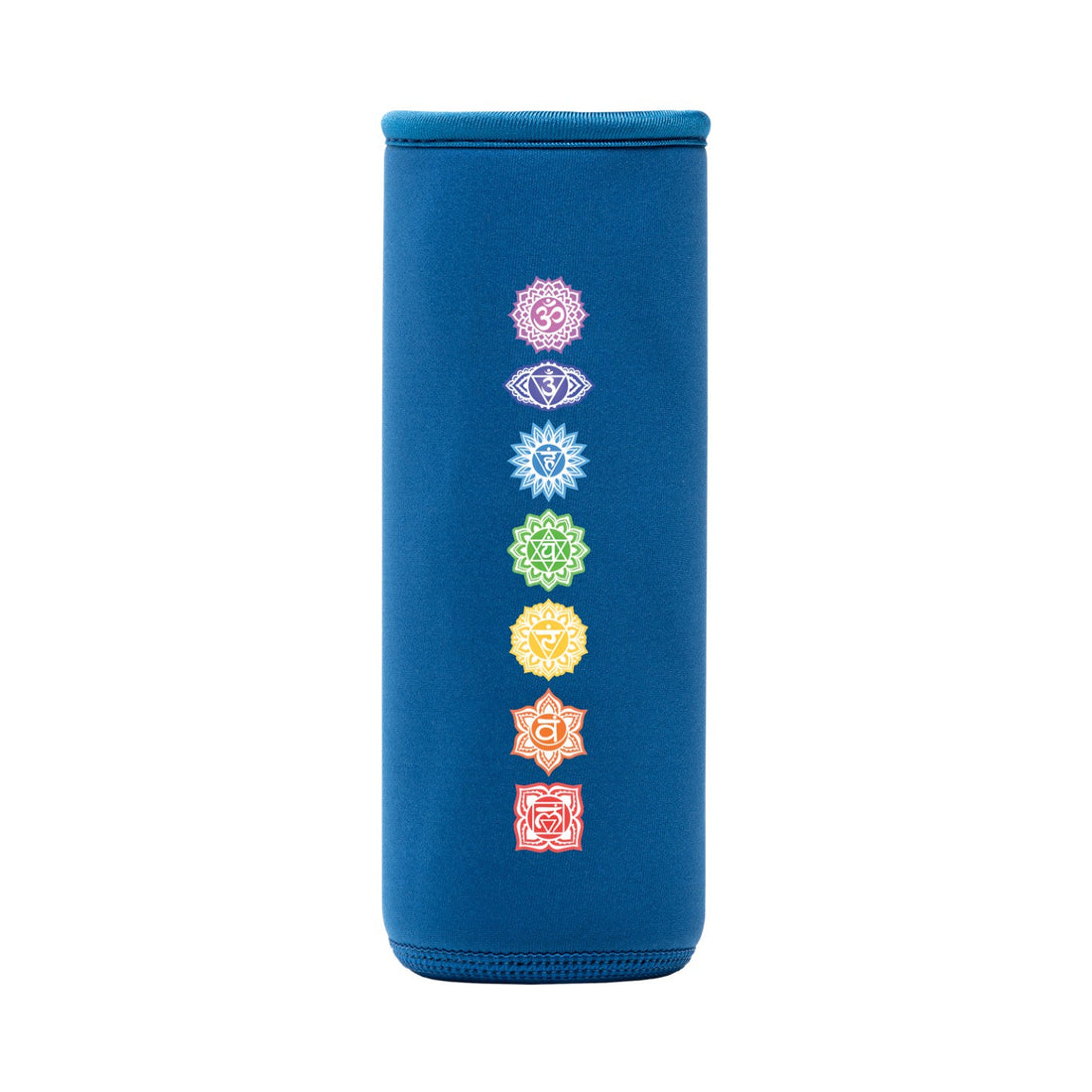 funda de neopreno azul con diseño chakras de colores para botella flaska de rosca