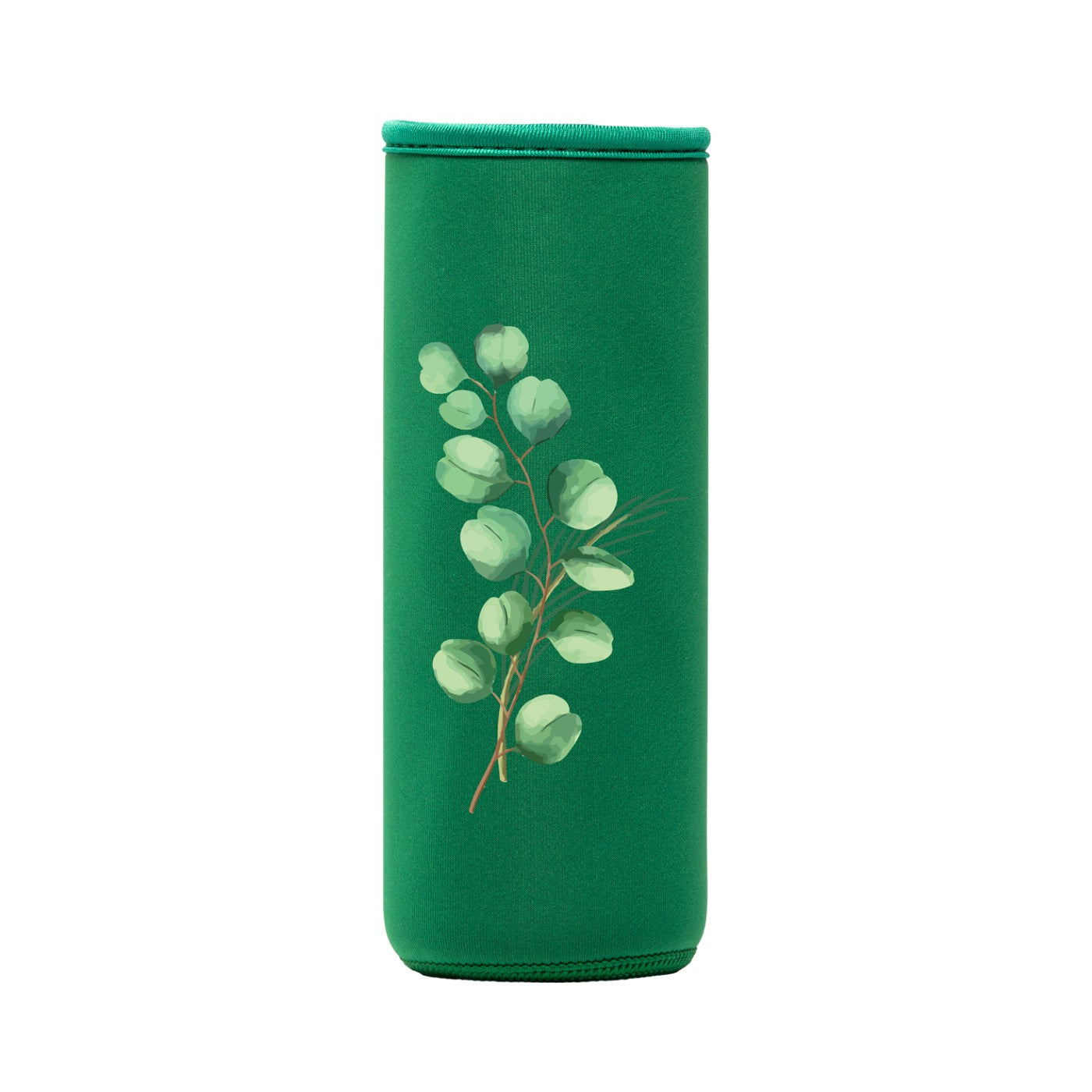 funda de neopreno verde con diseño rama con hojas para botella flaska de rosca